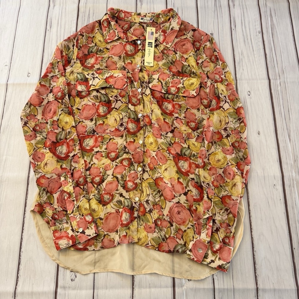 Kut From The Kloth sheer floral button-up blouse Size Medium Made In USA Women's
